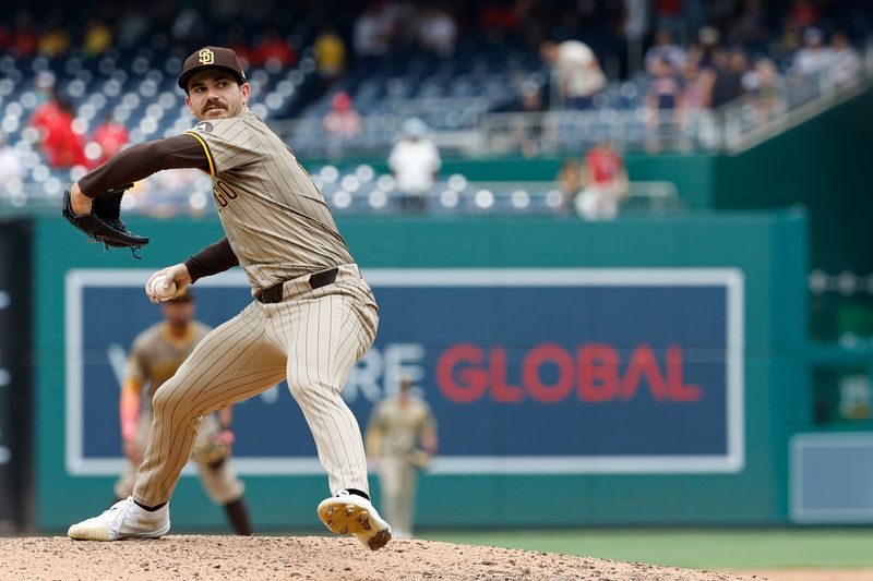 Jul 25, 2024; Washington, District of Columbia, USA; San Diego Padres starting pitcher Dylan Cease (84) pitches against the Washington Nationals during the eighth inning at Nationals Park. Mandatory Credit: Geoff Burke-USA TODAY Sports