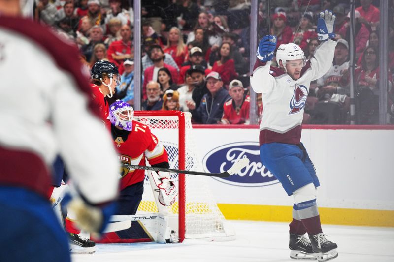 Nov 23, 2024; Sunrise, Florida, USA;  Colorado Avalanche left wing Jonathan Drouin (27) celebrates after scoring a goal against the Florida Panthers in the first period at Amerant Bank Arena. Mandatory Credit: Jim Rassol-Imagn Images