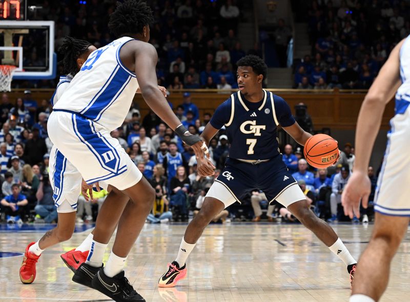 Dec 31, 2025; Durham, North Carolina, USA; Georgia Tech Yellow Jackets guard Chas Kelley III (7) looks to pass during the first half against the Duke Blue Devils at Cameron Indoor Stadium. Mandatory Credit: Rob Kinnan-Imagn Images