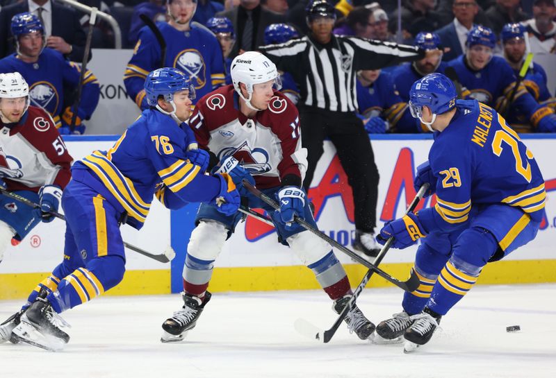 Dec 3, 2024; Buffalo, New York, USA;  Buffalo Sabres defenseman Jacob Bryson (78) checks Colorado Avalanche center Parker Kelly (17) as he makes a pass during the third period at KeyBank Center. Mandatory Credit: Timothy T. Ludwig-Imagn Images