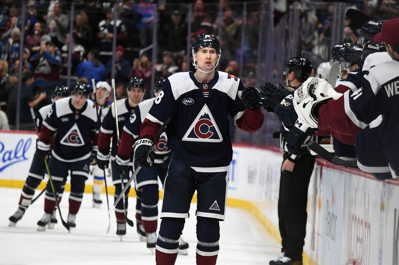 Jan 31, 2025; Denver, Colorado, USA; Colorado Avalanche center Martin Necas (88) celebrates after a goal during the first period against the St. Louis Blues at Ball Arena. Mandatory Credit: Christopher Hanewinckel-Imagn Images