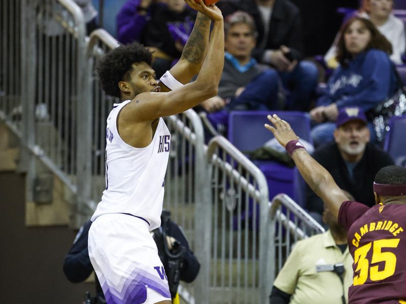 Jan 26, 2023; Seattle, Washington, USA; Washington Huskies forward Keion Brooks (1) makes a three-pointer during overtime against the Arizona State Sun Devils at Alaska Airlines Arena at Hec Edmundson Pavilion. Mandatory Credit: Joe Nicholson-USA TODAY Sports