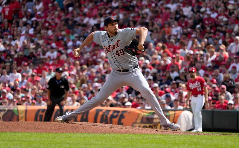 Jul 6, 2024; CINCINNATI, OHIO: Detroit Tigers pitcher Alex Faedo (49) pitches against the Cincinnati Reds at Great American Ball Park Saturday July 6, 2024. Mandatory Credit: Cara Owsley-The Enquirer