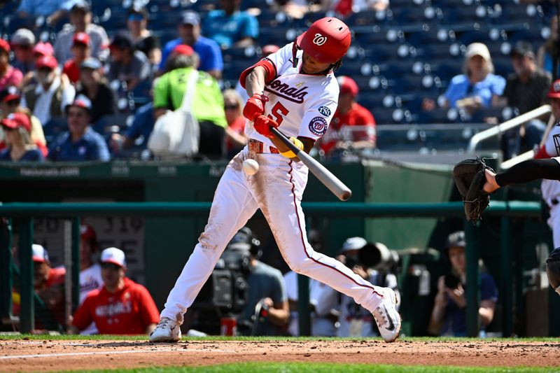 Sep 20, 2023; Washington, District of Columbia, USA; Chicago White Sox manager Pedro Grifol (5) hits a two RBI single against the Chicago White Sox during the second inning at Nationals Park. Mandatory Credit: Brad Mills-USA TODAY Sports