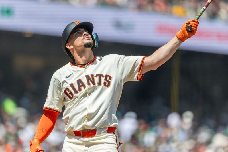 May 18, 2025; San Francisco, California, USA; San Francisco Giants shortstop Willy Adames (2) watches a foul ball in the fifth inning against the Oakland Athletics at Oracle Park. Mandatory Credit: Bob Kupbens-Imagn Images