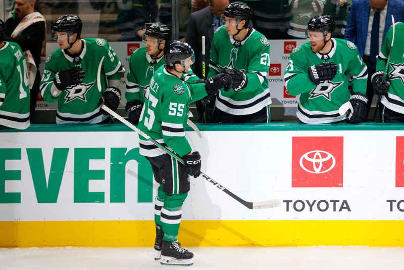 Mar 16, 2024; Dallas, Texas, USA; Dallas Stars defenseman Thomas Harley (55) is congratulated after his 1st period goal against the Los Angeles Kings at American Airlines Center. Mandatory Credit: Andrew Dieb-USA TODAY Sports