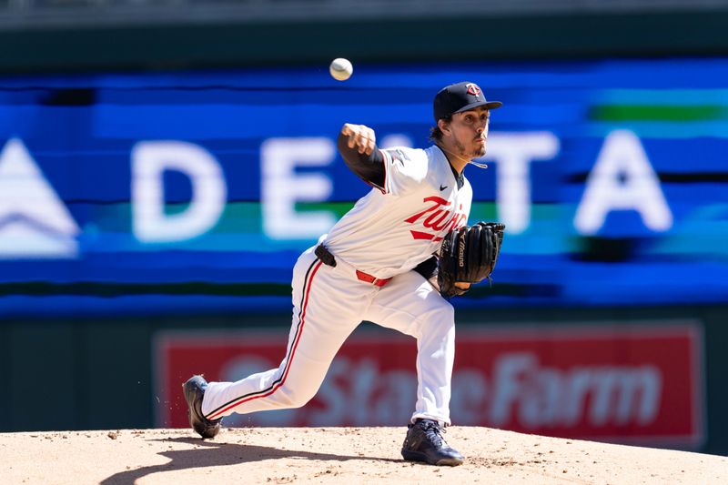 Apr 6, 2024; Minneapolis, Minnesota, USA; Minnesota Twins starting pitcher Joe Ryan (41) pitches to Cleveland Guardians first base Josh Naylor (22) in the second inning at Target Field. Mandatory Credit: Matt Blewett-USA TODAY Sports