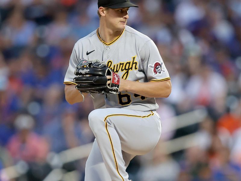 Aug 14, 2023; New York City, New York, USA; Pittsburgh Pirates starting pitcher Quinn Priester (64) pitches against the New York Mets during the first inning at Citi Field. Mandatory Credit: Brad Penner-USA TODAY Sports