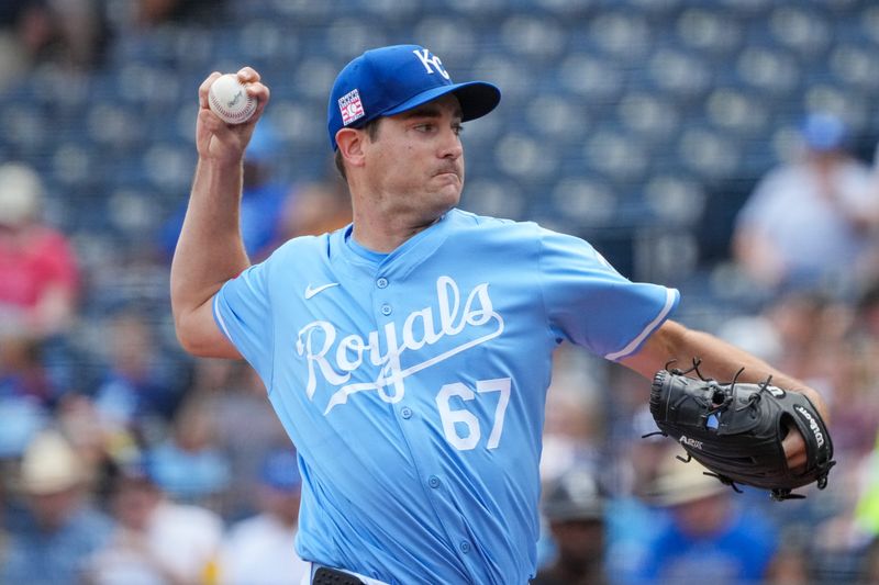 Jul 21, 2024; Kansas City, Missouri, USA; Kansas City Royals starting pitcher Seth Lugo (67) delivers a pitch against the Chicago White Sox in the first inning at Kauffman Stadium. Mandatory Credit: Denny Medley-USA TODAY Sports