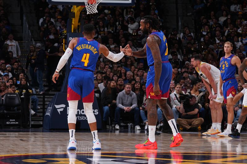 DENVER, CO - NOVEMBER 2: Russell Westbrook #4 and DeAndre Jordan #6 of the Denver Nuggets celebrates during the game against the Utah Jazz   during a regular season game on November 22, 2024 at Ball Arena in Denver, Colorado. NOTE TO USER: User expressly acknowledges and agrees that, by downloading and/or using this Photograph, user is consenting to the terms and conditions of the Getty Images License Agreement. Mandatory Copyright Notice: Copyright 2024 NBAE (Photo by Bart Young/NBAE via Getty Images)