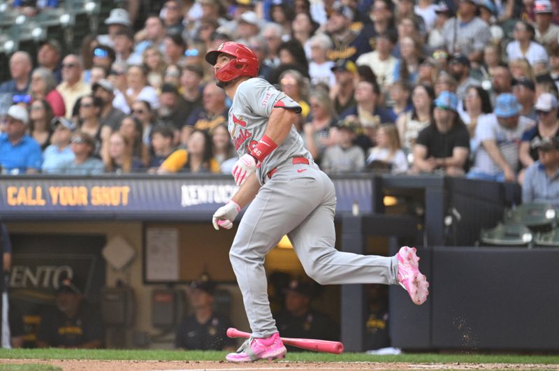 May 12, 2024; Milwaukee, Wisconsin, USA;  St. Louis Cardinals hitting coach Turner Ward (49) watches his home run go over the wall against Milwaukee Brewers in the fifth inning at American Family Field. Mandatory Credit: Michael McLoone-USA TODAY Sports