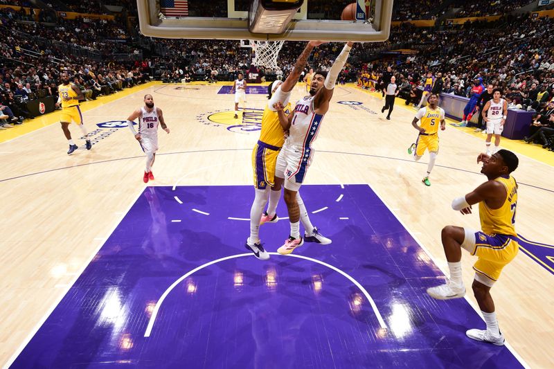 LOS ANGELES, CA - NOVEMBER 8: KJ Martin #1 of the Philadelphia 76ers shoots the ball during the game against the Los Angeles Lakers on Novemberr 8, 2024 at Crypto.Com Arena in Los Angeles, California. NOTE TO USER: User expressly acknowledges and agrees that, by downloading and/or using this Photograph, user is consenting to the terms and conditions of the Getty Images License Agreement. Mandatory Copyright Notice: Copyright 2024 NBAE (Photo by Adam Pantozzi/NBAE via Getty Images)