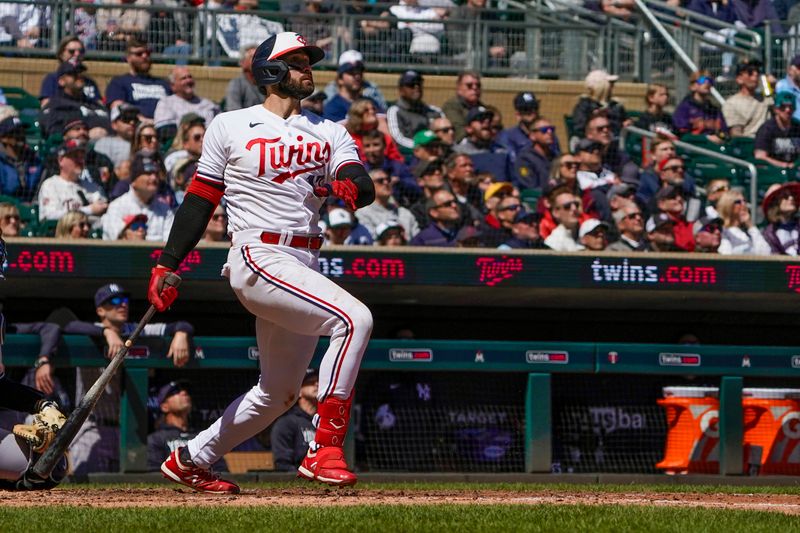 Apr 26, 2023; Minneapolis, Minnesota, USA; Minnesota Twins infielder Joey Gallo (13) hits a two-run home run against the New York Yankees during the sixth inning at Target Field. Mandatory Credit: Nick Wosika-USA TODAY Sports

