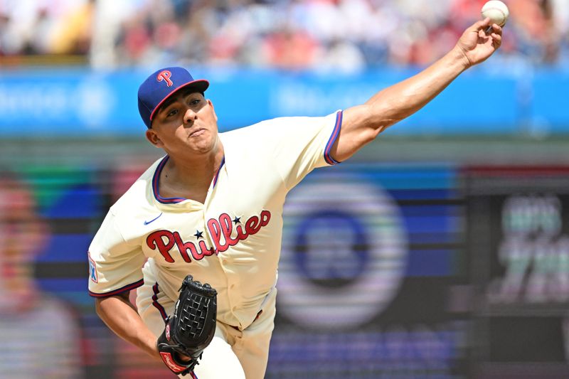 Aug 24, 2025; Philadelphia, Pennsylvania, USA; Philadelphia Phillies pitcher Ranger Suárez (55) throws a pitch during the second inning against the Washington Nationals at Citizens Bank Park. Mandatory Credit: Eric Hartline-Imagn Images