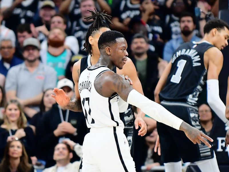 AUSTIN, TX - MARCH 17: Dennis Schroder #17 of the Brooklyn Nets celebrates a three point basket to tie and send the game to overtime against the San Antonio Spurs on March 17, 2024 at the Moody Center in Austin, Texas. NOTE TO USER: User expressly acknowledges and agrees that, by downloading and or using this photograph, user is consenting to the terms and conditions of the Getty Images License Agreement. Mandatory Copyright Notice: Copyright 2024 NBAE (Photos by Michael Gonzales/NBAE via Getty Images)