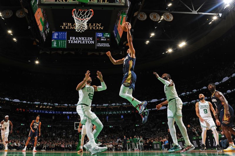 BOSTON, MA - JANUARY 29: CJ McCollum #3 of the New Orleans Pelicans drives to the basket during the game against the Boston Celtics on January 29, 2024 at the TD Garden in Boston, Massachusetts. NOTE TO USER: User expressly acknowledges and agrees that, by downloading and or using this photograph, User is consenting to the terms and conditions of the Getty Images License Agreement. Mandatory Copyright Notice: Copyright 2024 NBAE  (Photo by Brian Babineau/NBAE via Getty Images)