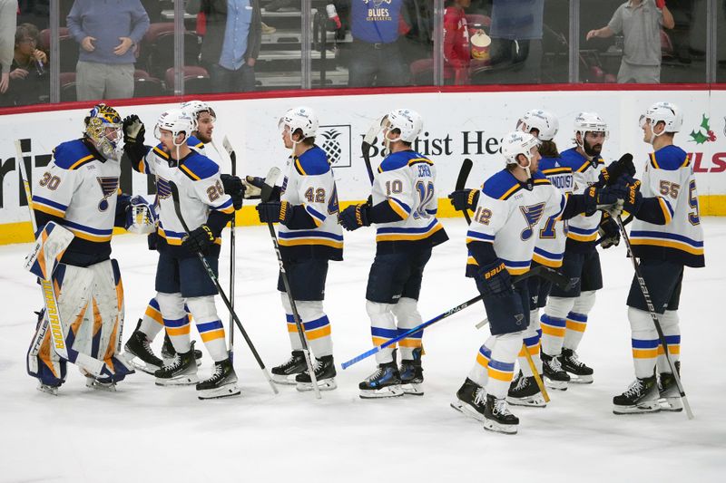 Dec 21, 2023; Sunrise, Florida, USA; St. Louis Blues teammates celebrate after defeating the Florida Panthers at Amerant Bank Arena. Mandatory Credit: Jasen Vinlove-USA TODAY Sports