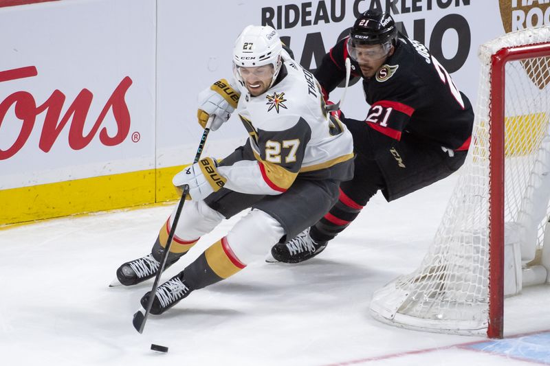 Feb 24, 2024; Ottawa, Ontario, CAN; Vegas Golden Knights defenseman Shea Theodore (27) skates with the puck in front of Ottawa Senators right wing Mathieu Joseph (21) in the third period at the Canadian Tire Centre. Mandatory Credit: Marc DesRosiers-USA TODAY Sports