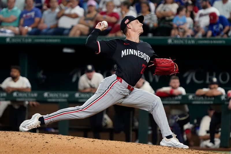 Aug 16, 2024; Arlington, Texas, USA; Minnesota Twins pitcher Griffin Jax (22) throws to the plate during the seventh inning against the Texas Rangers at Globe Life Field. Mandatory Credit: Raymond Carlin III-USA TODAY Sports