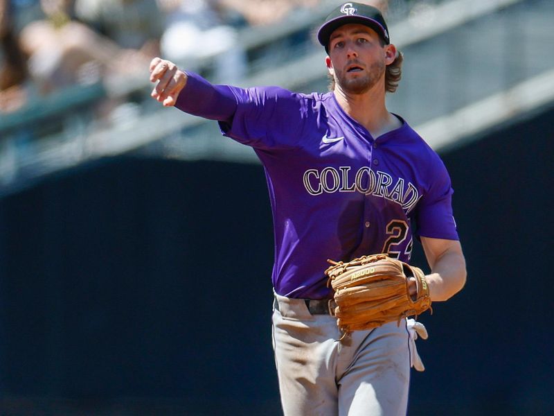 Apr 13, 2025; San Diego, California, USA; Colorado Rockies third baseman Ryan McMahon (24) throws to first base for an out during the third inning against the San Diego Padres at Petco Park. Mandatory Credit: David Frerker-Imagn Images