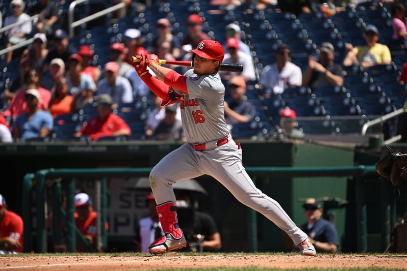 Jul 7, 2024; Washington, District of Columbia, USA; St. Louis Cardinals second baseman Nolan Gorman (16) hits the ball into play against the Washington Nationals during the fourth inning at Nationals Park. Mandatory Credit: Rafael Suanes-USA TODAY Sports