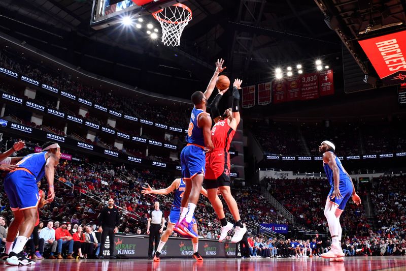 HOUSTON, TX - FEBRUARY 12:  Dillon Brooks #9 of the Houston Rockets shoots the ball during the game against the New York Knicks on February 12, 2024 at the Toyota Center in Houston, Texas. NOTE TO USER: User expressly acknowledges and agrees that, by downloading and or using this photograph, User is consenting to the terms and conditions of the Getty Images License Agreement. Mandatory Copyright Notice: Copyright 2024 NBAE (Photo by Logan Riely/NBAE via Getty Images)