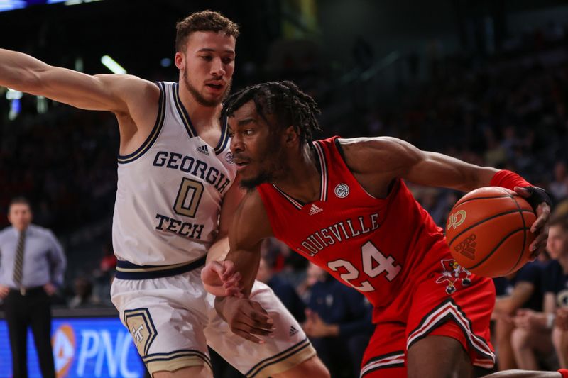 Feb 25, 2023; Atlanta, Georgia, USA; Georgia Tech Yellow Jackets guard Lance Terry (0) defends Louisville Cardinals forward Jae'Lyn Withers (24) in the first half at McCamish Pavilion. Mandatory Credit: Brett Davis-USA TODAY Sports