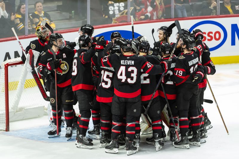 Jan 18, 2025; Ottawa, Ontario, CAN; The Ottawa Senators celebrate their win against the Boston Bruins following a shootout at the Canadian Tire Centre. Mandatory Credit: Marc DesRosiers-Imagn Images