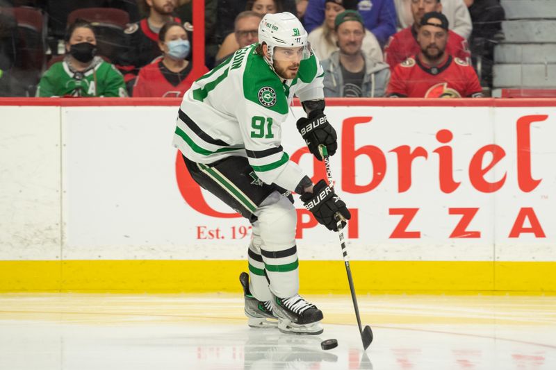 Oct 24, 2022; Ottawa, Ontario, CAN; Dallas Stars center Tyler Seguin (91) skates with the puck in the first period against the Ottawa Senators at the Canadian Tire Centre. Mandatory Credit: Marc DesRosiers-USA TODAY Sports