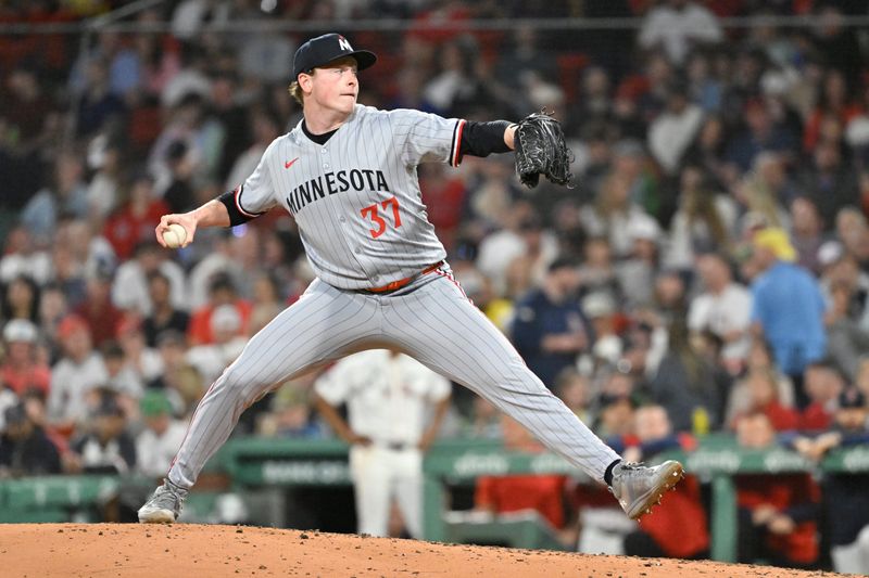 May 2, 2025; Boston, Massachusetts, USA; Minnesota Twins relief pitcher Louis Varland (37) pitches against the Boston Red Sox during the seventh inning at Fenway Park. Mandatory Credit: Eric Canha-Imagn Images
