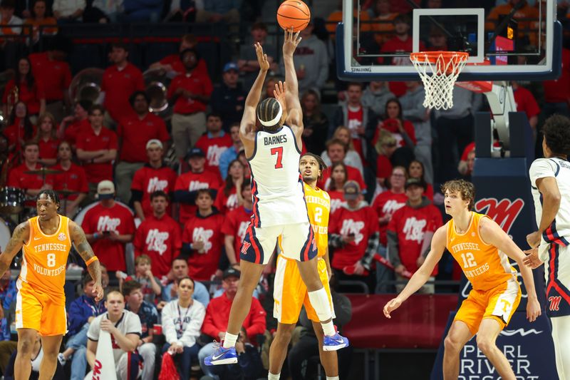 Mar 5, 2025; Oxford, Mississippi, USA; Mississippi Rebels guard Davon Barnes (7) shoots the ball against the Tennessee Volunteers during the first half at The Sandy and John Black Pavilion at Ole Miss. Mandatory Credit: Wesley Hale-Imagn Images