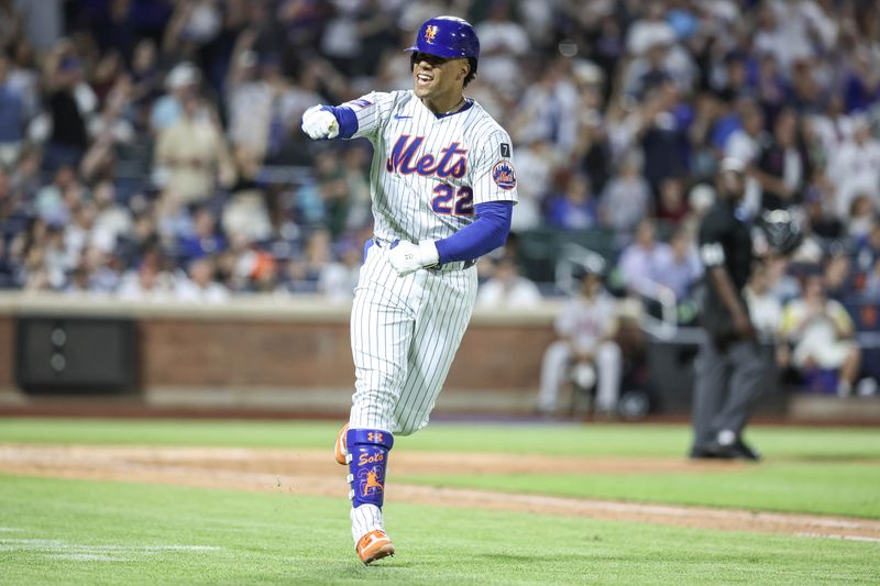 Jun 25, 2025; New York City, New York, USA;  New York Mets right fielder Juan Soto (22) reacts after hitting a solo home run in the seventh inning against the Atlanta Braves at Citi Field. Mandatory Credit: Wendell Cruz-Imagn Images