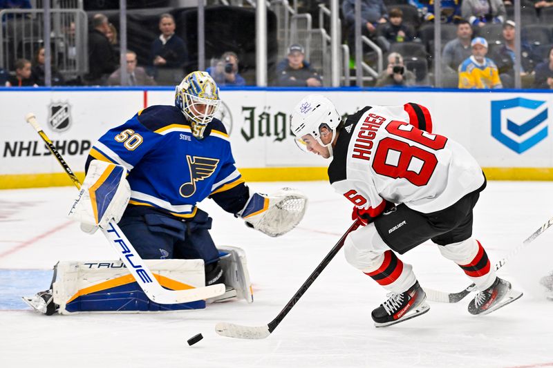 Nov 3, 2023; St. Louis, Missouri, USA;  New Jersey Devils center Jack Hughes (86) shoots against St. Louis Blues goaltender Jordan Binnington (50) during the first period at Enterprise Center. Mandatory Credit: Jeff Curry-USA TODAY Sports