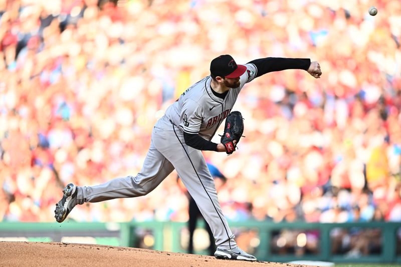 Jun 21, 2024; Philadelphia, Pennsylvania, USA; Arizona Diamondbacks starting pitcher Jordan Montgomery (52) throws a pitch against the Philadelphia Phillies in the first inning at Citizens Bank Park. Mandatory Credit: Kyle Ross-USA TODAY Sports