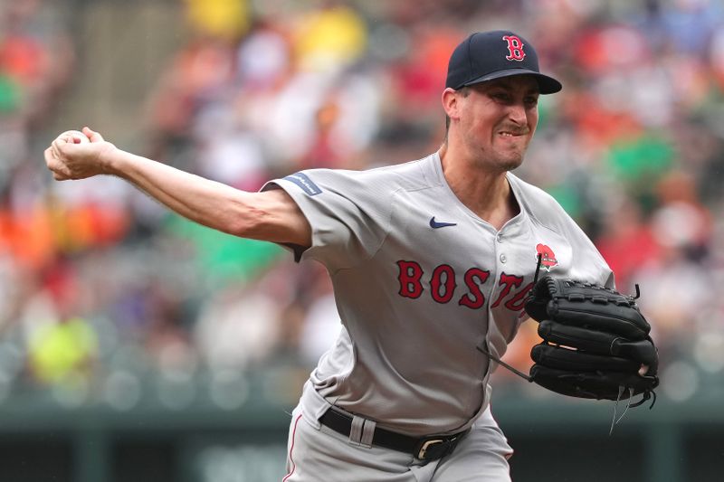 May 27, 2024; Baltimore, Maryland, USA; Boston Red Sox starting pitcher Cooper Criswell (64) delivers a pitch in the fourth inning against the Baltimore Orioles at Oriole Park at Camden Yards. Mandatory Credit: Mitch Stringer-USA TODAY Sports