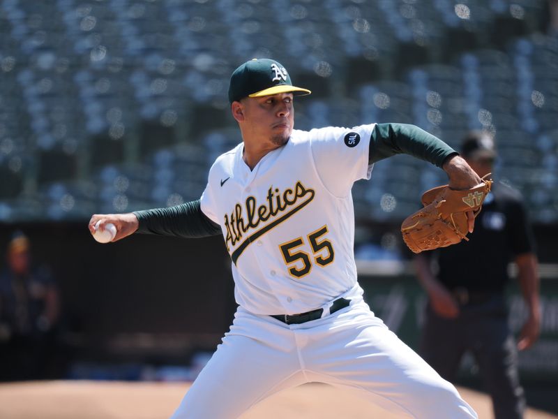 Aug 23, 2023; Oakland, California, USA; Oakland Athletics starting pitcher Adrian Martinez (55) pitches the ball against the Kansas City Royals during the first inning at Oakland-Alameda County Coliseum. Mandatory Credit: Kelley L Cox-USA TODAY Sports