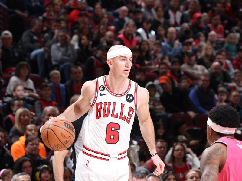 CHICAGO, IL - FEBRUARY 26: Alex Caruso #6 of the Chicago Bulls dribbles the ball during the game against the Washington Wizards on February 26, 2023 at United Center in Chicago, Illinois. NOTE TO USER: User expressly acknowledges and agrees that, by downloading and or using this photograph, User is consenting to the terms and conditions of the Getty Images License Agreement. Mandatory Copyright Notice: Copyright 2023 NBAE (Photo by Jeff Haynes/NBAE via Getty Images)