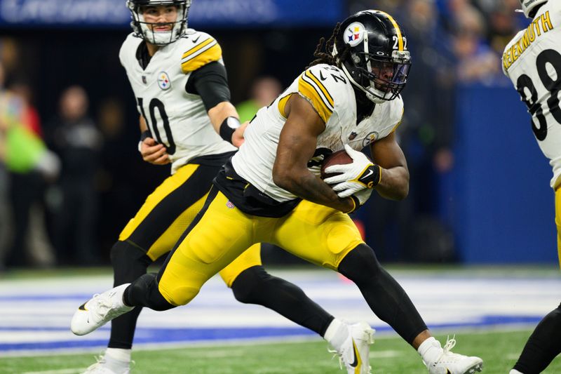 Pittsburgh Steelers running back Najee Harris (22) takes a handoff during an NFL football game against the Indianapolis Colts, Saturday, Dec. 16, 2023, in Indianapolis. (AP Photo/Zach Bolinger)