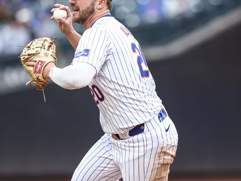 Apr 13, 2024; New York City, New York, USA;  New York Mets first baseman Pete Alonso (20) gets ready to throw a runner out at first base in the ninth inning against the Kansas City Royals at Citi Field. Mandatory Credit: Wendell Cruz-USA TODAY Sports