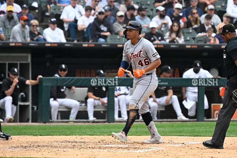 Jun 5, 2025; Chicago, Illinois, USA;  Detroit Tigers outfielder Wenceel Pérez (46) crosses the plate after he homers during the seventh inning against the Chicago White Sox at Rate Field. Mandatory Credit: Matt Marton-Imagn Images