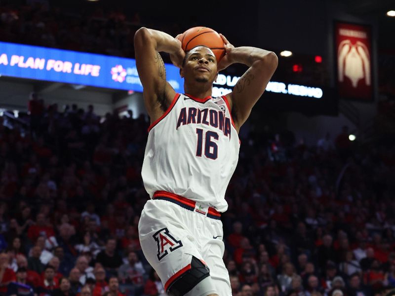 Dec 2, 2023; Tucson, Arizona, USA; Arizona Wildcats forward Keshad Johnson (16) drives to the basket against the Colgate Raiders during the second half at McKale Center. Mandatory Credit: Zachary BonDurant-USA TODAY Sports