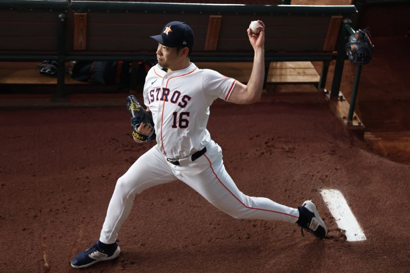 Sep 19, 2024; Houston, Texas, USA;  Houston Astros starting pitcher Yusei Kikuchi (16) warms up before pitching against the Los Angeles Angels at Minute Maid Park. Mandatory Credit: Thomas Shea-Imagn Images