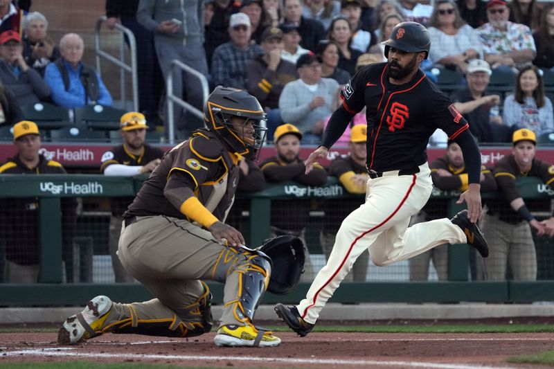 Mar 18, 2025; Scottsdale, Arizona, USA; San Francisco Giants first base LaMonte Wade Jr. (31) scores a run against the San Diego Padres in the first inning at Scottsdale Stadium. Mandatory Credit: Rick Scuteri-Imagn Images