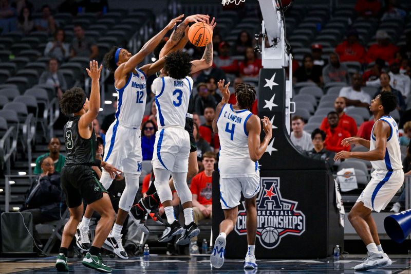 Mar 11, 2023; Fort Worth, TX, USA; Tulane Green Wave forward Tylan Pope (33) and Memphis Tigers forward DeAndre Williams (12) and guard Kendric Davis (3) and forward Chandler Lawson (4) battle for control of the ball during the first half at Dickies Arena. Mandatory Credit: Jerome Miron-USA TODAY Sports