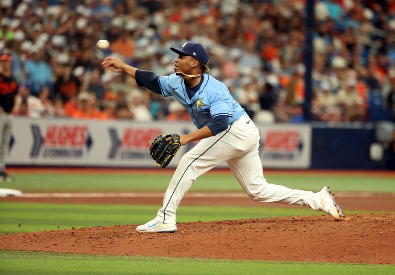 Aug 11, 2024; St. Petersburg, Florida, USA; Tampa Bay Rays pitcher Edwin Uceta (63) throws a pitch against the Baltimore Orioles during the seventh inning at Tropicana Field. Mandatory Credit: Kim Klement Neitzel-USA TODAY Sports