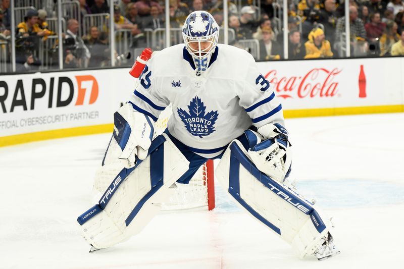 May 4, 2024; Boston, Massachusetts, USA; Toronto Maple Leafs goaltender Ilya Samsonov (35) skates after his stick during the first period in game seven of the first round of the 2024 Stanley Cup Playoffs against the Boston Bruins at TD Garden. Mandatory Credit: Bob DeChiara-USA TODAY Sports