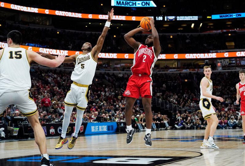 Mar 11, 2023; Chicago, IL, USA; Ohio State Buckeyes guard Bruce Thornton (2) shoots over Purdue Boilermakers guard Brandon Newman (5) during the second half at United Center. Mandatory Credit: David Banks-USA TODAY Sports