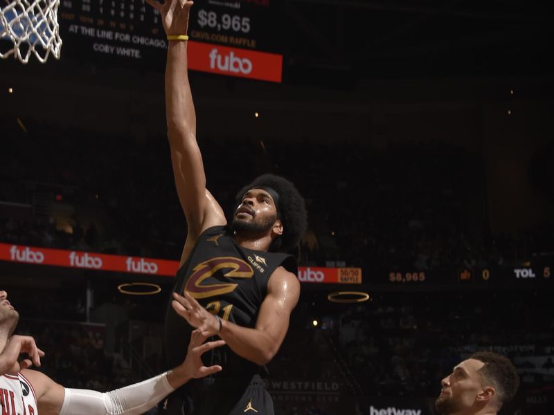 CLEVELAND, OH - November 15: Jarrett Allen #31 of the Cleveland Cavaliers drives to the basket during the game against the Chicago Bulls during the Emirates NBA Cup game on November 15, 2024 at Rocket Mortgage FieldHouse in Cleveland, Ohio. NOTE TO USER: User expressly acknowledges and agrees that, by downloading and/or using this Photograph, user is consenting to the terms and conditions of the Getty Images License Agreement. Mandatory Copyright Notice: Copyright 2024 NBAE (Photo by David Liam Kyle/NBAE via Getty Images)