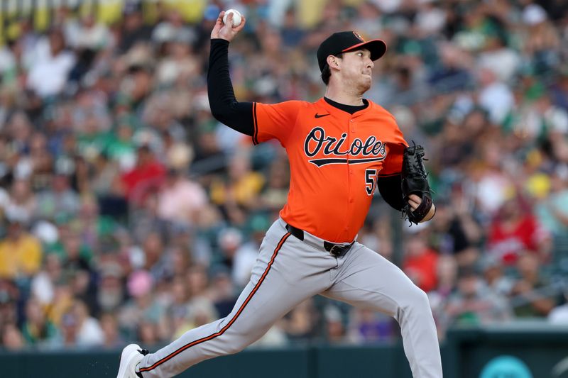 Jun 7, 2025; West Sacramento, California, USA; Baltimore Orioles pitcher Matt Bowman (51) throws a pitch against the Athletics during the third inning at Sutter Health Park. Mandatory Credit: Dennis Lee-Imagn Images