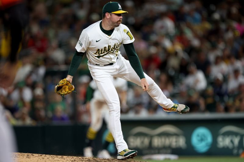 Jun 7, 2025; West Sacramento, California, USA; Athletics pitcher Hogan Harris (36) throws a pitch against the Baltimore Orioles during the sixth inning at Sutter Health Park. Mandatory Credit: Dennis Lee-Imagn Images